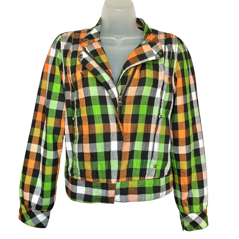 Hellz Bellz Y2K Vintage Orange Green Check Cropped Women's Jacket Size S